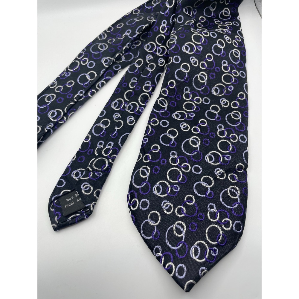 Beau Brummel Soho Mens Silk Necktie Black Purple Silver Geometric Circle Pattern